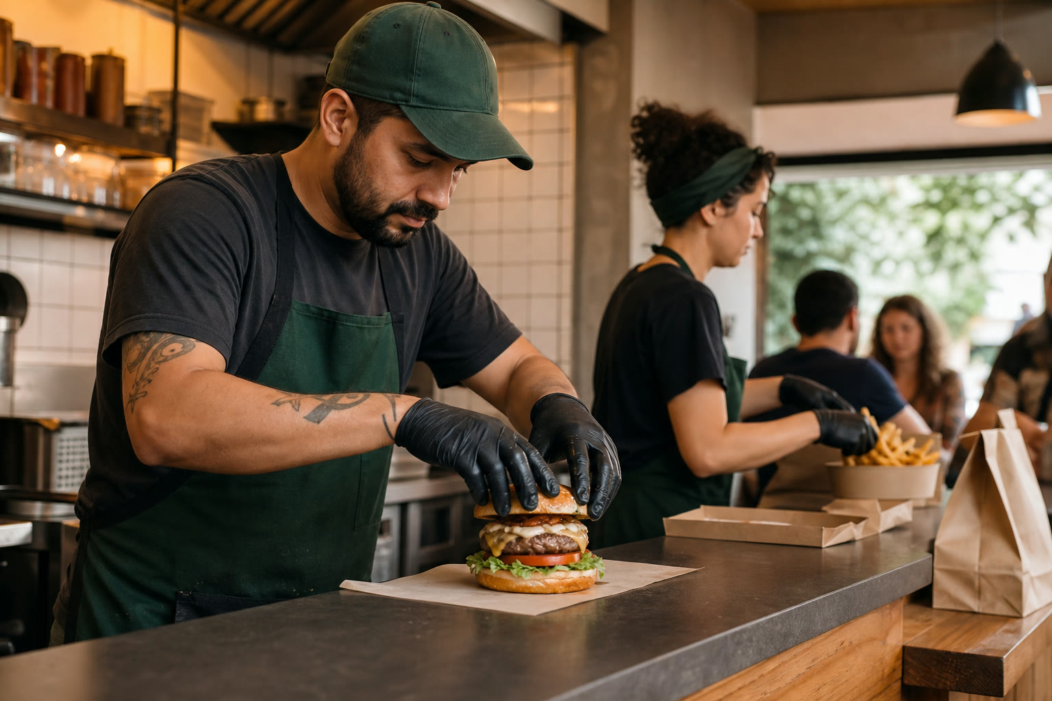 Operação de hamburgueria em um estabelecimento de food service